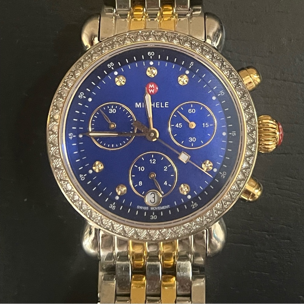 Michele Watch Two Tone Gold Silver Csx Stainless Blue Dial